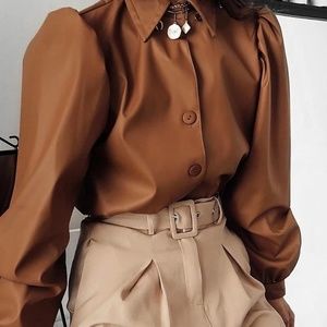 Brown faux leather button down blouse